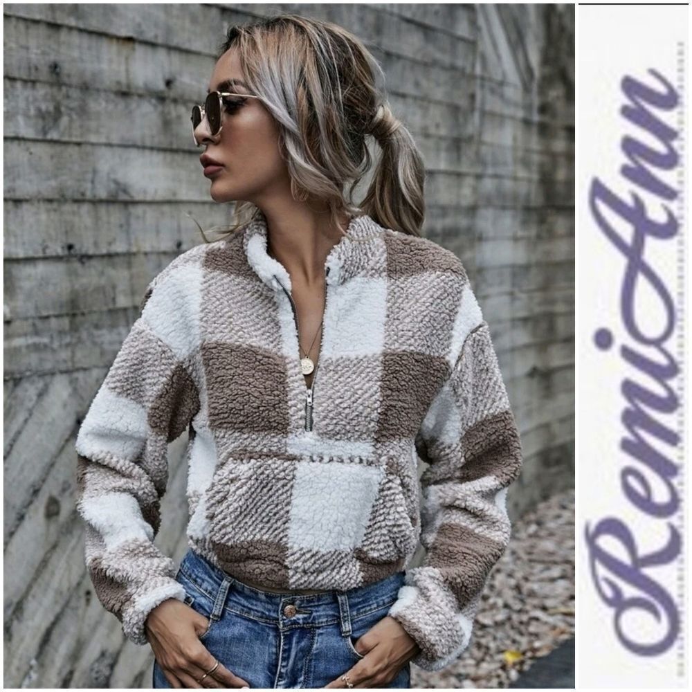 Drop Shoulder Kangaroo Pocket Buffalo Plaid Teddy